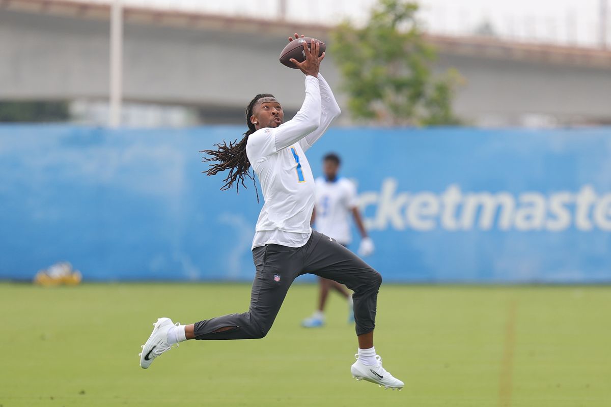 Los Angeles Chargers wide receiver catches Quentin Johnson (1) catches a pass during Chargers organized team activities on May 8th, 2026 in El Segundo, CA.