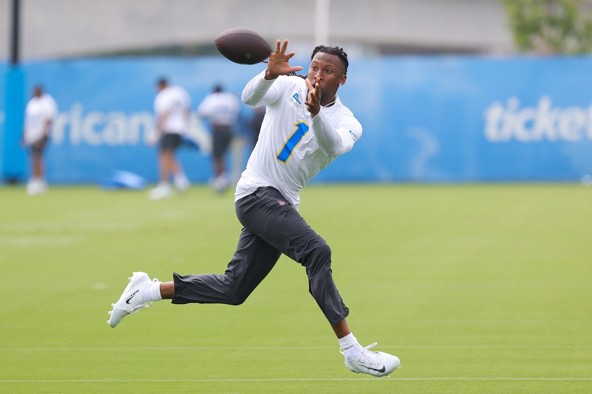 Los Angeles Chargers wide receiver catches Quentin Johnson (1) catches a pass during Chargers organized team activities on May 8th, 2026 in El Segundo, CA.