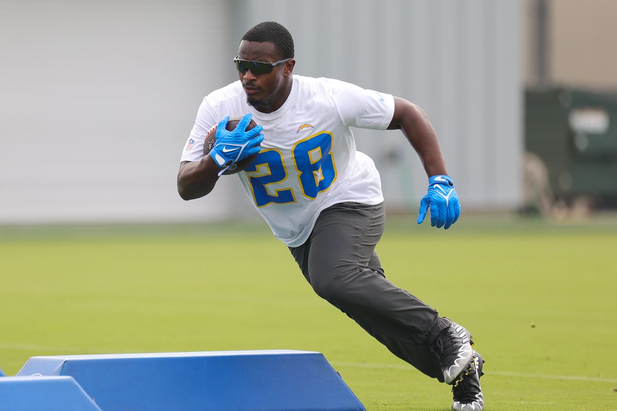 Los Angeles Chargers running back Kimani Vidal (28) participating in drills during Chargers organized team activities on May 8th, 2026 in El Segundo, CA.