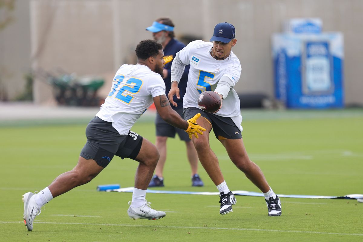 Los Angeles Chargers quarterback Trey Lance (5) hands off to running back Jaret Patterson (32) during Chargers organized team activities on May 11th, 2026 in El Segundo, CA.