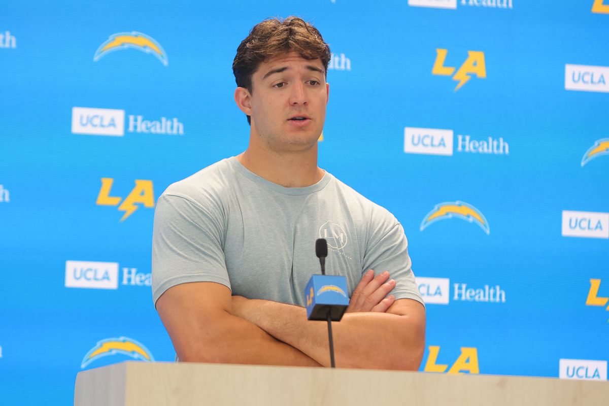 Los Angeles Chargers tight end Charlie Kolar (88) addressing the press during Chargers organized team activities on May 11th, 2026 in El Segundo, CA.