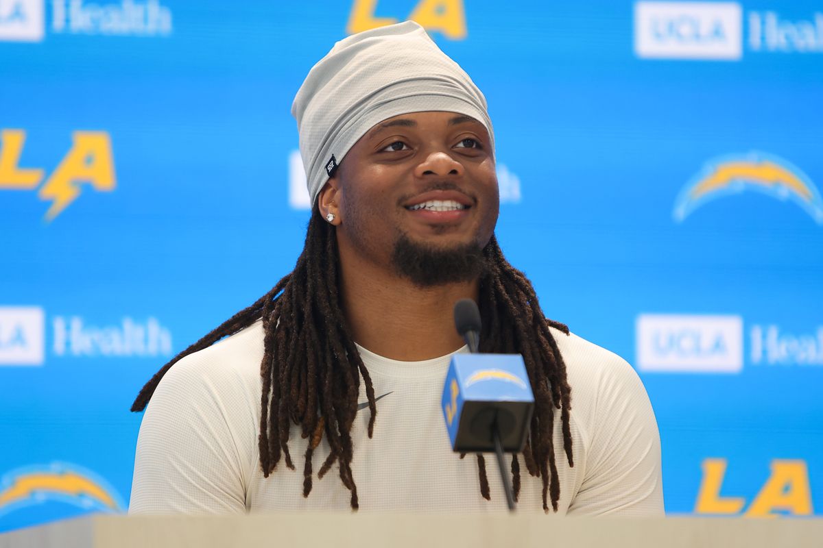Los Angeles Chargers running back Keaton Mitchell (34) addressing the press during Chargers organized team activities on May 11th, 2026 in El Segundo, CA.