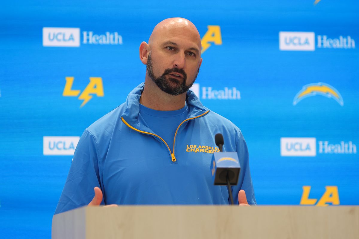Los Angeles Chargers tight ends coach Chandler Henley addressing the press during Chargers organized team activities on May 11th, 2026 in El Segundo, CA.
