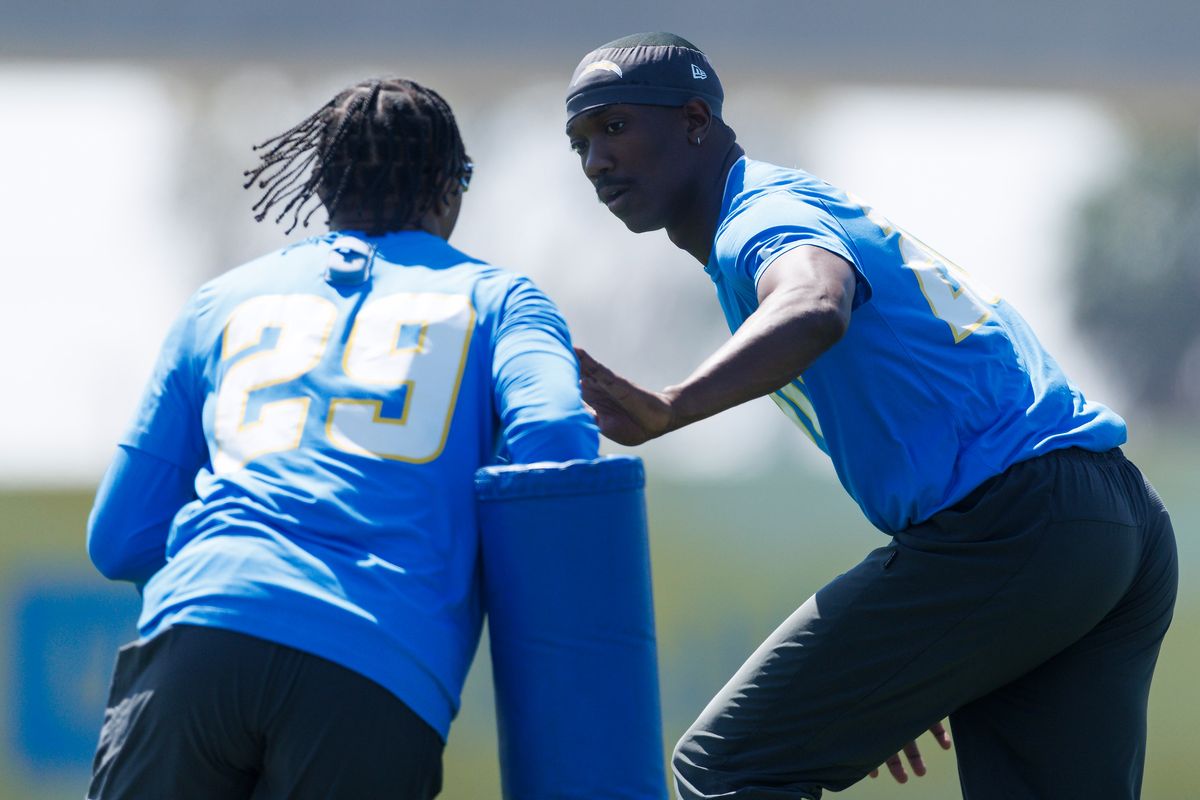 Cam Hart #20 of the Los Angeles Chargers participates in a drill during offseason workout at The Bolt on May 19, 2026 in El Segundo, California.