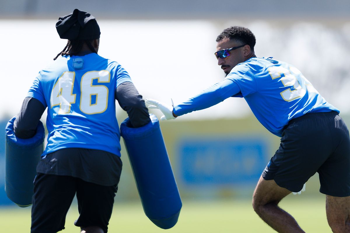 Deane Leonard #33 of the Los Angeles Chargers participates in a drill during offseason workout at The Bolt on May 19, 2026 in El Segundo, California.