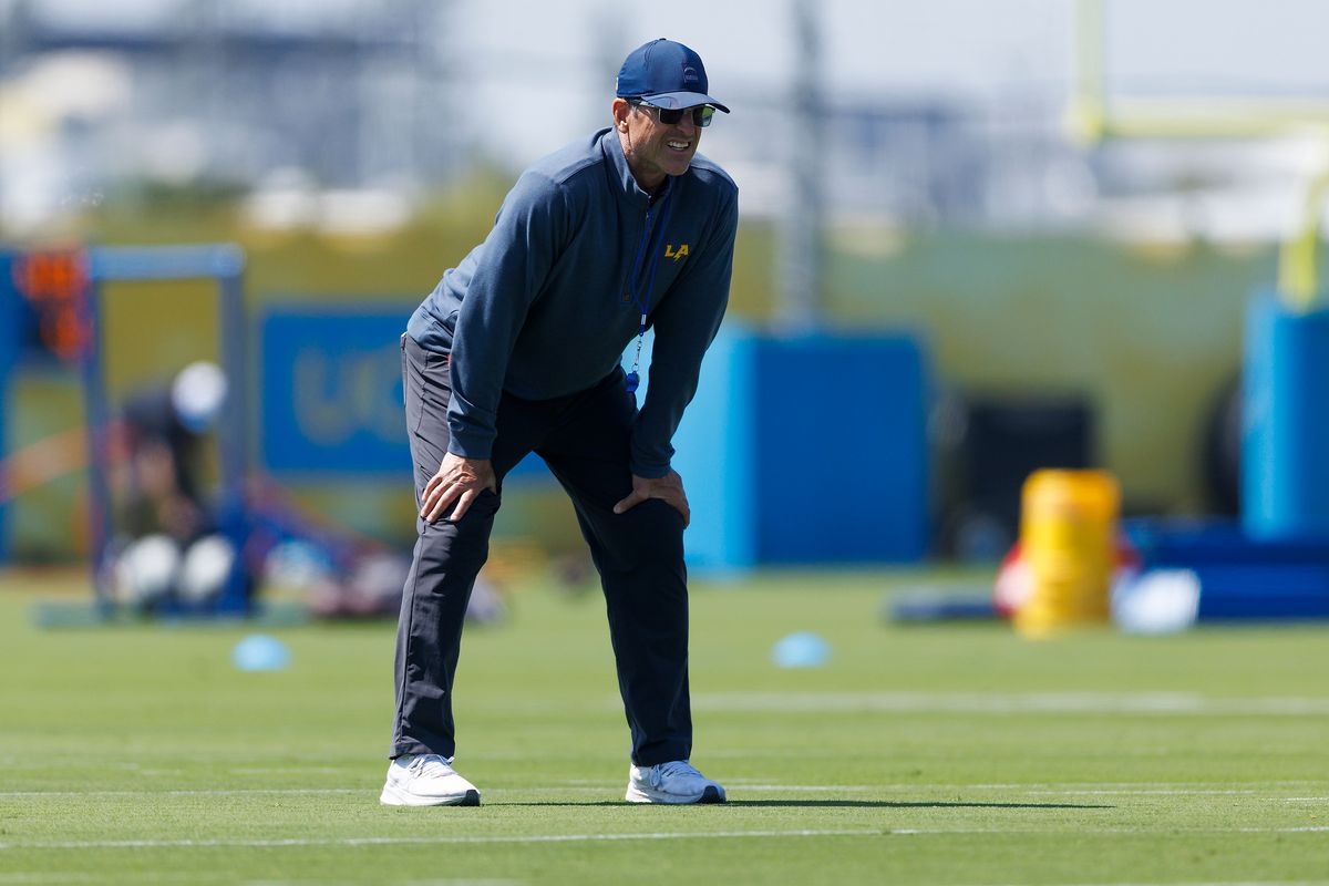Jim Harbaugh of the Los Angeles Chargers looks on during offseason workout at The Bolt on May 19, 2026 in El Segundo, California.