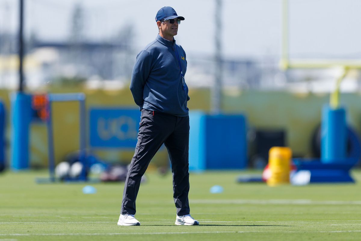 Jim Harbaugh of the Los Angeles Chargers looks on during offseason workout at The Bolt on May 19, 2026 in El Segundo, California.