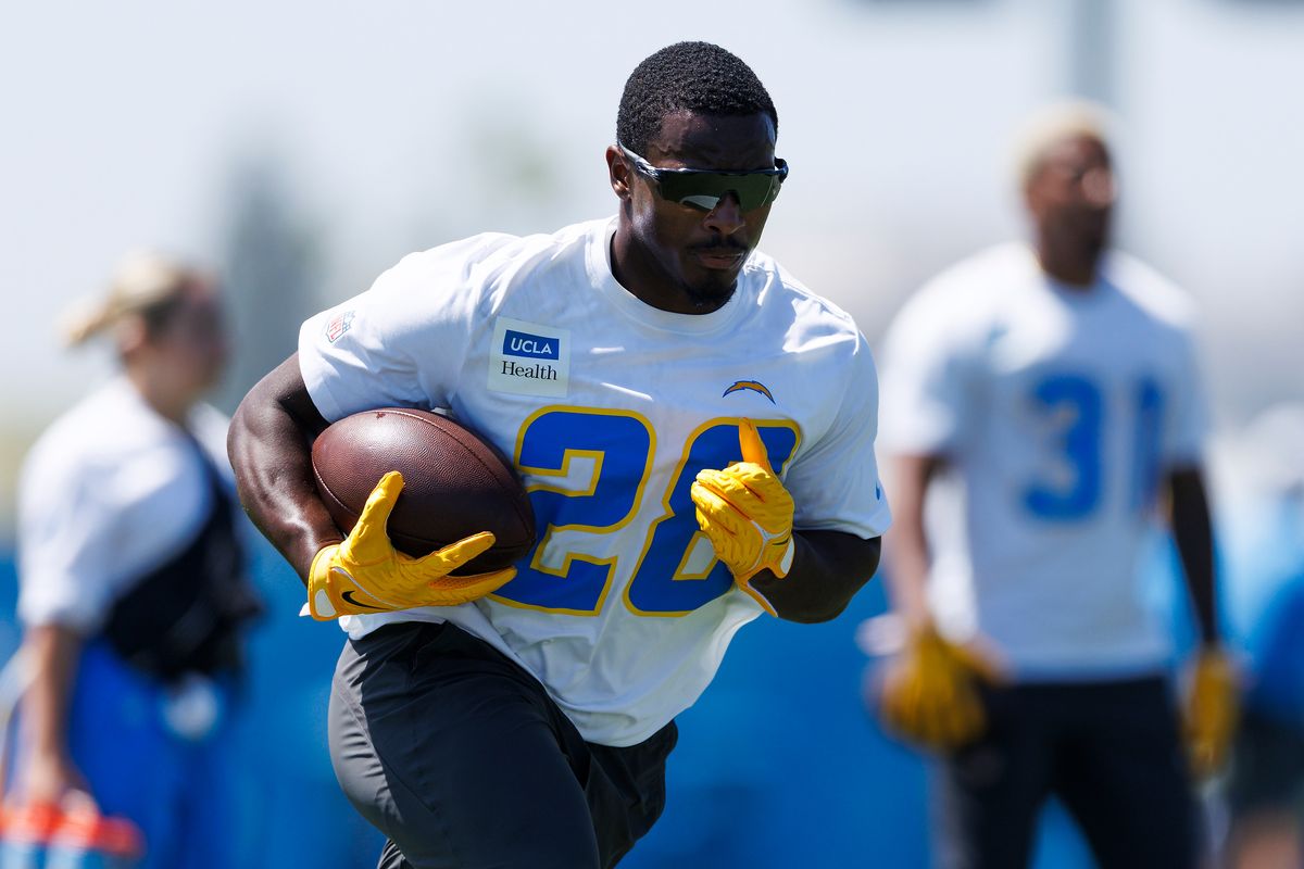 Kimani Vidal #28 of the Los Angeles Chargers runs with the ball during offseason workout at The Bolt on May 19, 2026 in El Segundo, California.