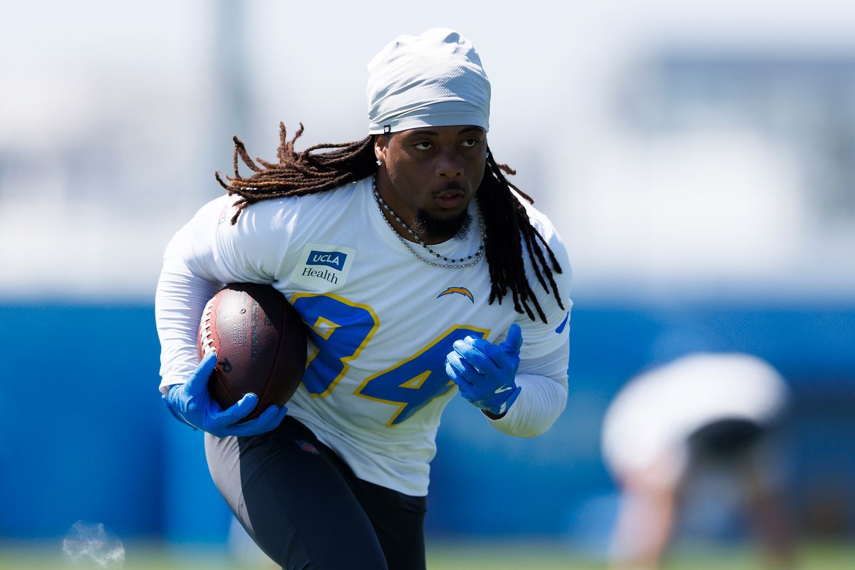 Keandre Lambert-Smith #84 of the Los Angeles Chargers runs after the catch during offseason workout at The Bolt on May 19, 2026 in El Segundo, California. 