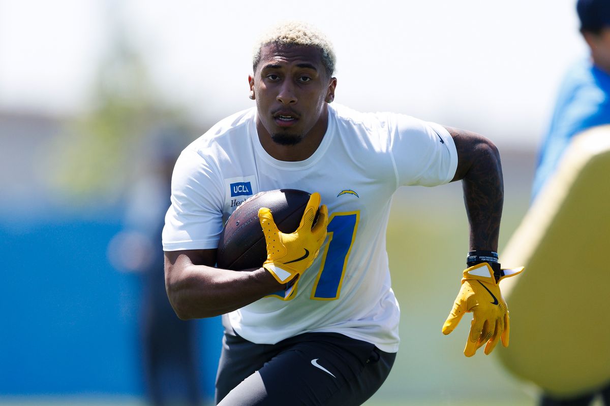 Gregory Desrosiers #31 of the Los Angeles Chargers runs with the ball during offseason workout at The Bolt on May 19, 2026 in El Segundo, California.  