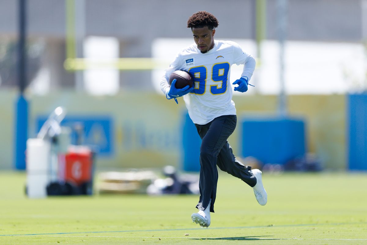 Brenen Thompson #89 of the Los Angeles Chargers runs after the catch during offseason workout at The Bolt on May 19, 2026 in El Segundo, California. 