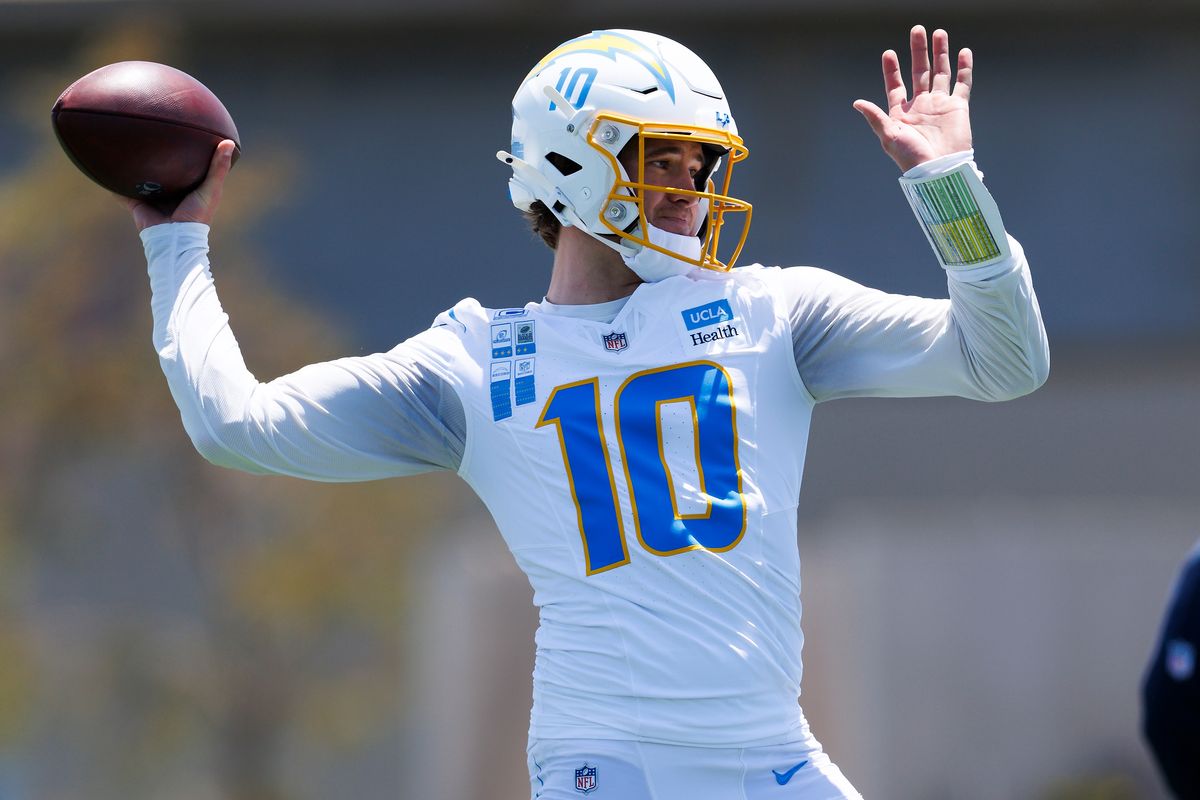 Justin Herbert #10 of the Los Angeles Chargers throws during organized team activities workout at The Bolt on May 27, 2026 in El Segundo, California. Justin Herbert #10 of the Los Angeles Chargers throws during organized team activities workout at The Bolt on May 27, 2026 in El Segundo, California.
