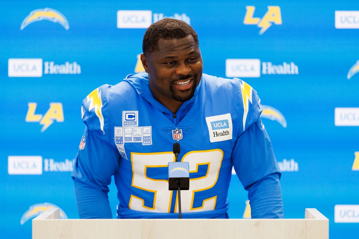 Khalil Mack #52 of the Los Angeles Chargers talks to members of the media after organized team activities workout at The Bolt on May 27, 2026 in El Segundo, California. Khalil Mack #52 of the Los Angeles Chargers talks to members of the media after organized team activities workout at The Bolt on May 27, 2026 in El Segundo, California.
