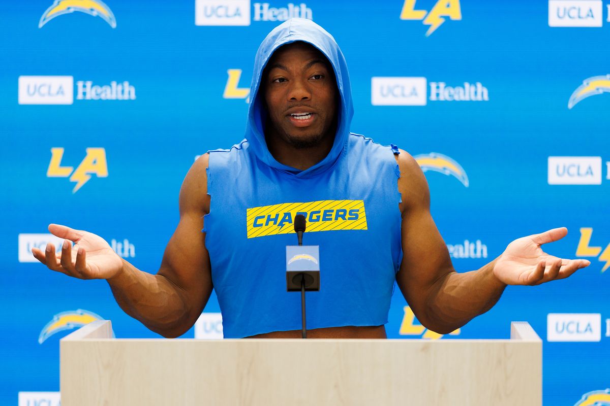 Daiyan Henley #0 of the Los Angeles Chargers talks to members of the media after organized team activities workout at The Bolt on May 27, 2026 in El Segundo, California. Daiyan Henley #0 of the Los Angeles Chargers talks to members of the media after organized team activities workout at The Bolt on May 27, 2026 in El Segundo, California.
