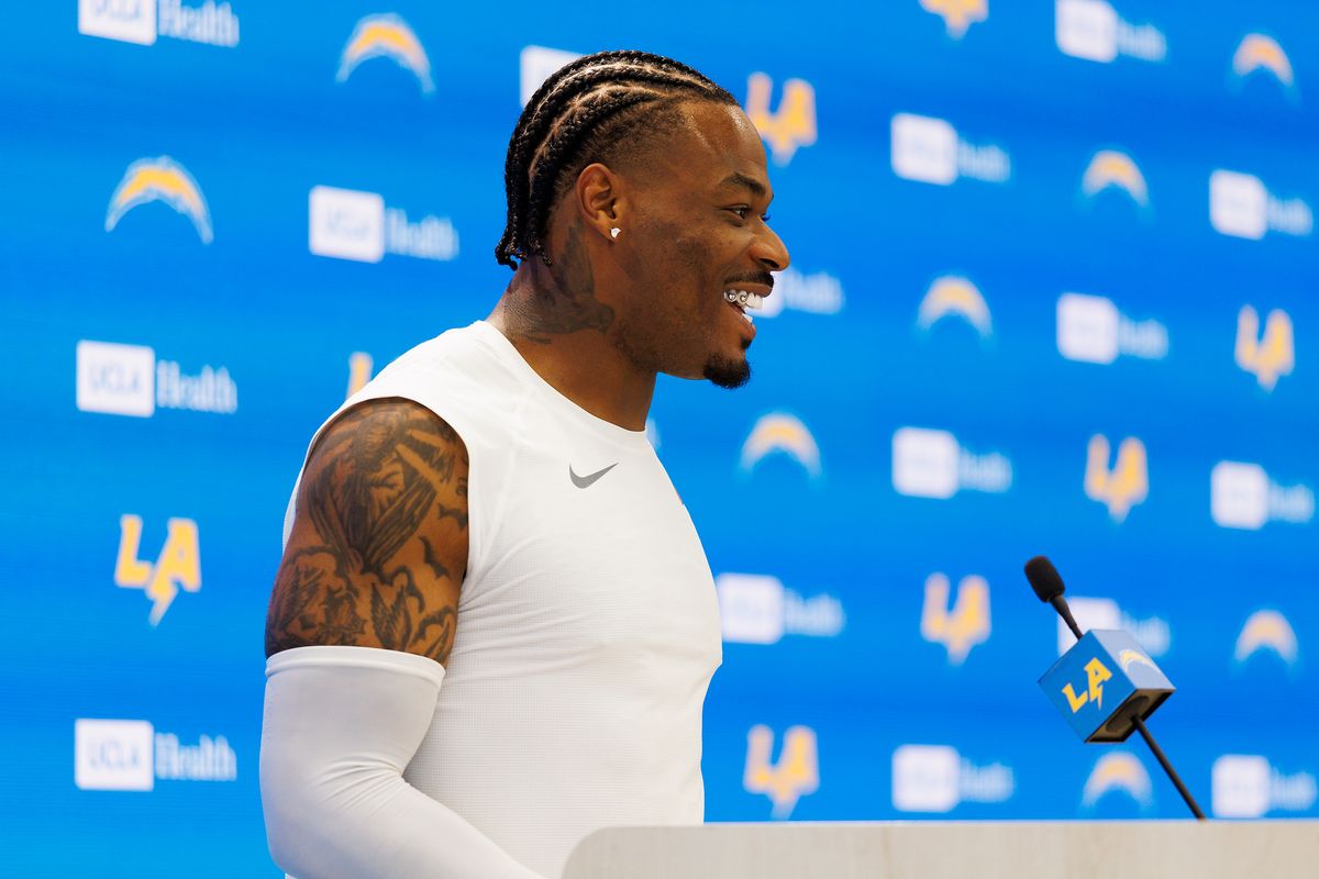 Derwin James Jr. #3 of the Los Angeles Chargers talks to members of the media after organized team activities workout at The Bolt on May 27, 2026 in El Segundo, California. Derwin James Jr. #3 of the Los Angeles Chargers talks to members of the media after organized team activities workout at The Bolt on May 27, 2026 in El Segundo, California.