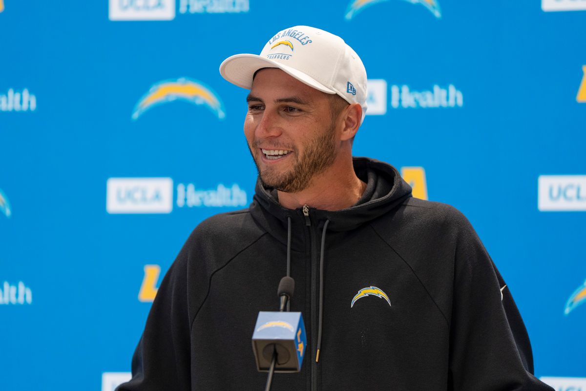Los Angeles Chargers running backs coach Max McCaffrey responding to the press before Chargers organized team activities at the Bolt on Tuesday, June 2nd in El Segundo, CA. Los Angeles Chargers running backs coach Max McCaffrey responding to the press before Chargers organized team activities at the Bolt on Tuesday, June 2nd in El Segundo, CA.