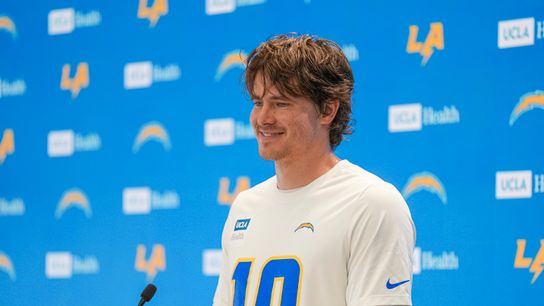 Los Angeles Chargers quarterback Justin Herbert (10) responding to the press before Chargers organized team activities at the Bolt on Tuesday, June 2nd in El Segundo, CA.
