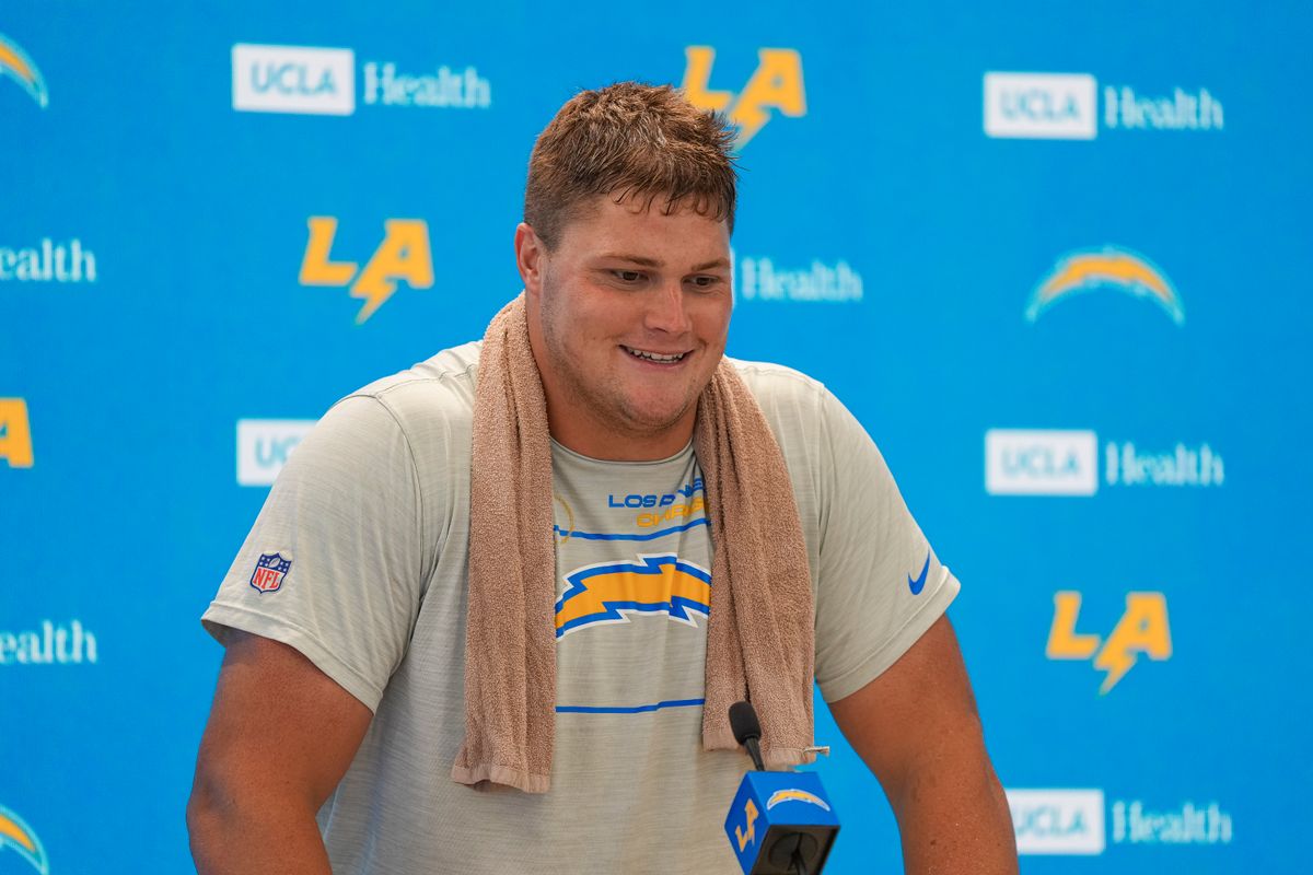 Los Angeles Chargers offensive lineman Joe Alt (76) responding to the press before Chargers organized team activities at the Bolt on Tuesday, June 2nd in El Segundo, CA. Los Angeles Chargers offensive lineman Joe Alt (76) responding to the press before Chargers organized team activities at the Bolt on Tuesday, June 2nd in El Segundo, CA.