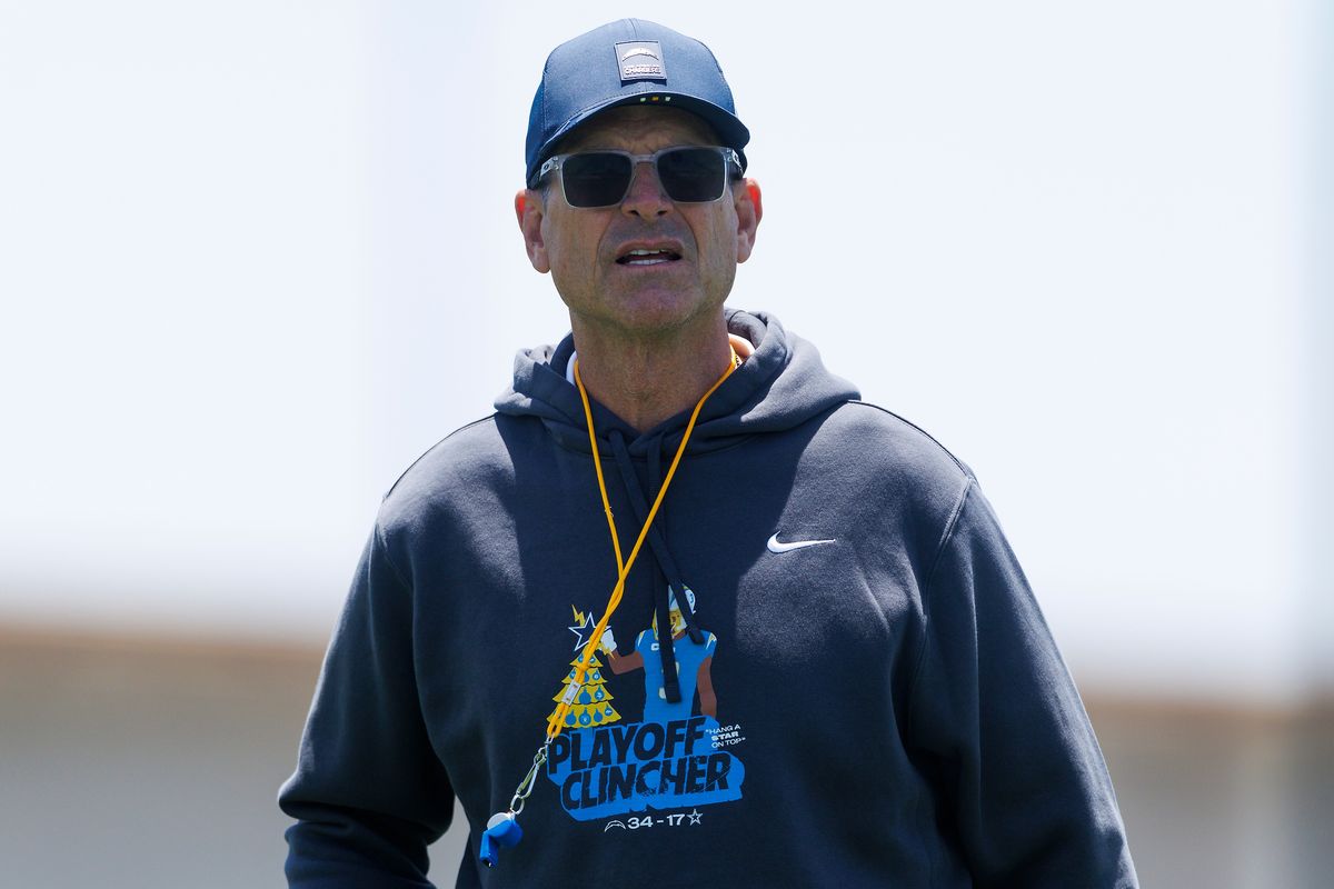 Jim Harbaugh of the Los Angeles Chargers during offseason organized team activities at The Bolt on May 26, 2026 in El Segundo, California. Jim Harbaugh of the Los Angeles Chargers during offseason organized team activities at The Bolt on May 26, 2026 in El Segundo, California.