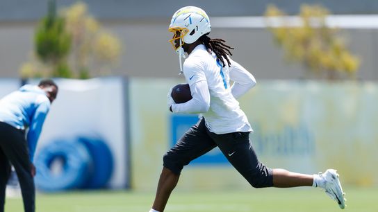 Quentin Johnston #1 of the Los Angeles Chargers runs after the catch during offseason organized team activities at The Bolt on May 26, 2026 in El Segundo, California. Quentin Johnston #1 of the Los Angeles Chargers runs after the catch during offseason organized team activities at The Bolt on May 26, 2026 in El Segundo, California.