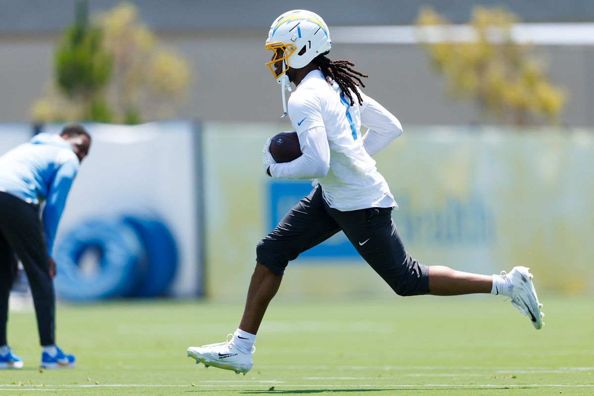 Quentin Johnston #1 of the Los Angeles Chargers runs after the catch during offseason organized team activities at The Bolt on May 26, 2026 in El Segundo, California. Quentin Johnston #1 of the Los Angeles Chargers runs after the catch during offseason organized team activities at The Bolt on May 26, 2026 in El Segundo, California.
