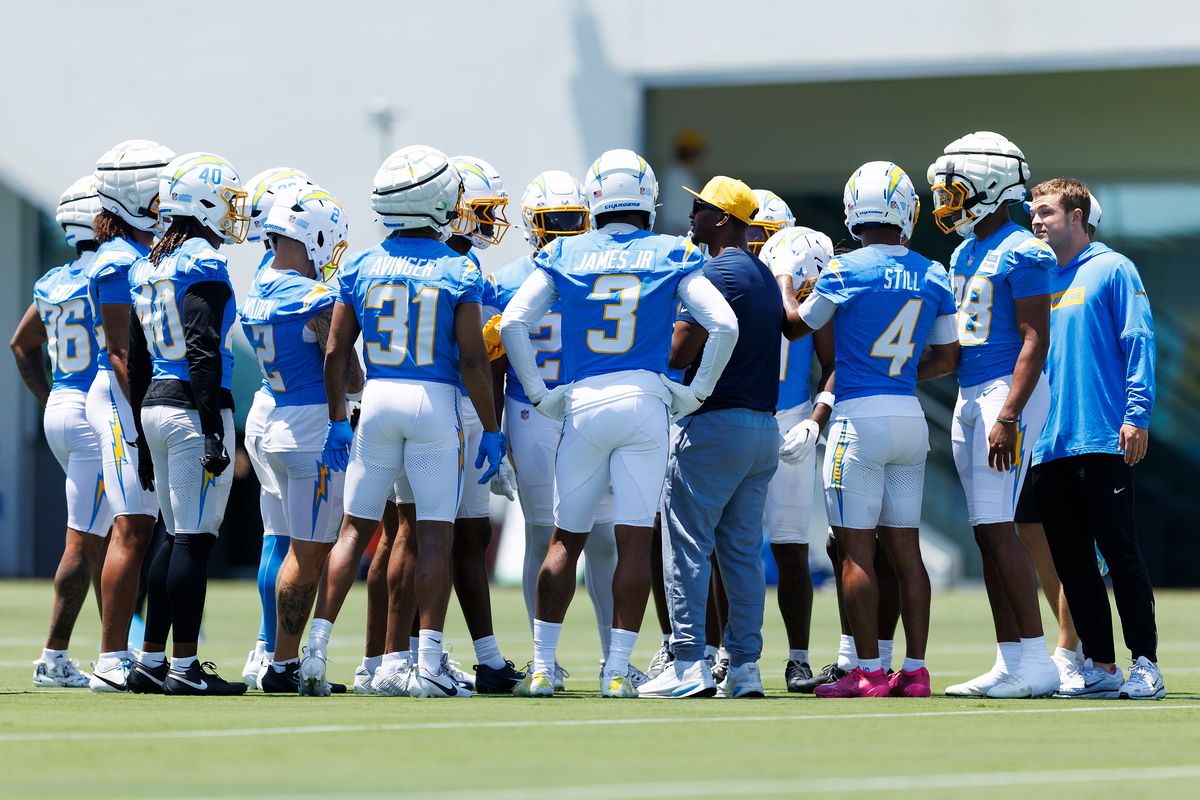 Los Angeles Chargers defensive group huddle during mandatory minicamp at The Bolt on June 16, 2026 in El Segundo, California. 
