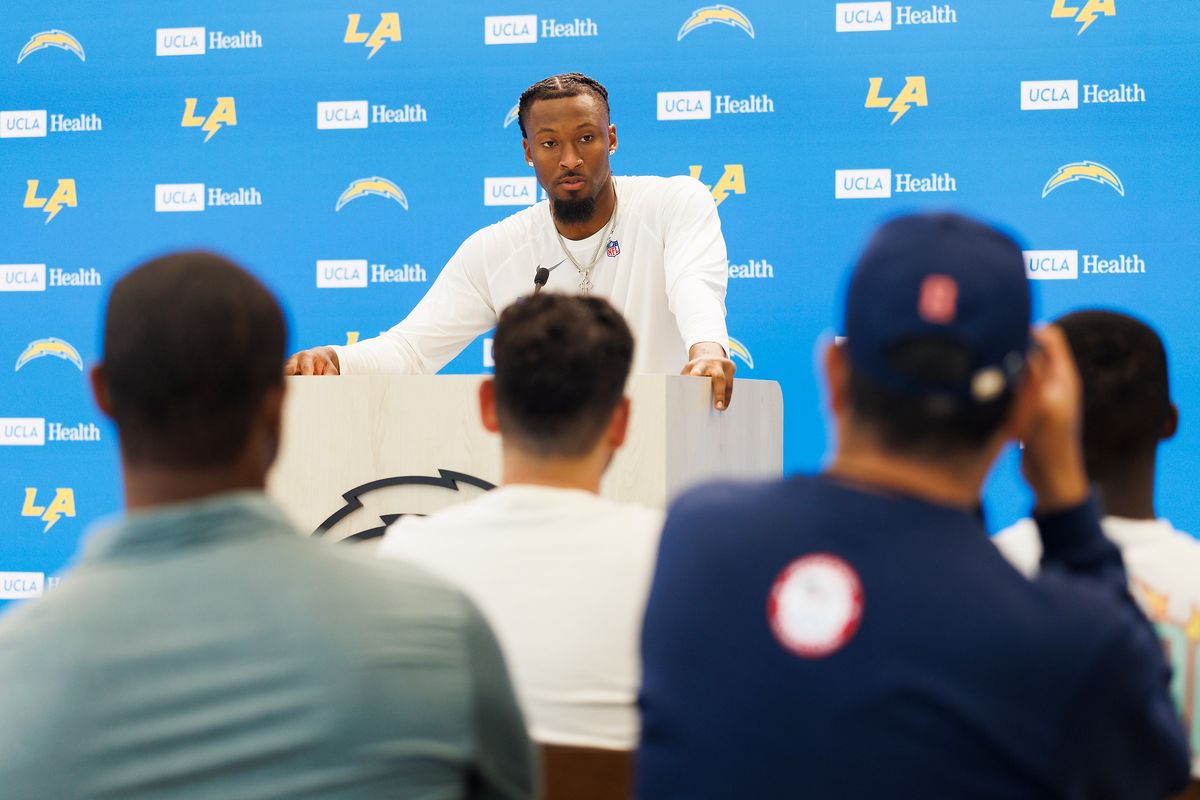 Quentin Johnson #1 of the Los Angeles Chargers speaks with members of the media after mandatory minicamp at The Bolt on June 16, 2026 in El Segundo, California.