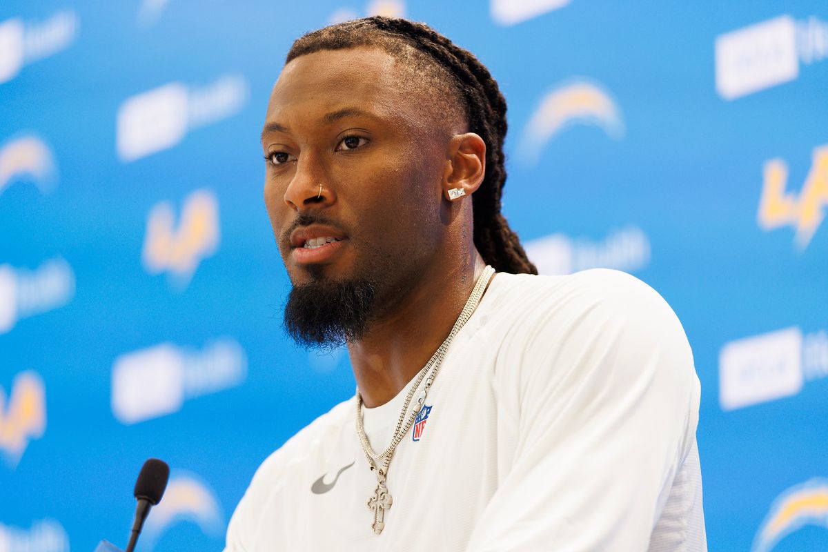 Quentin Johnson #1 of the Los Angeles Chargers speaks with members of the media after mandatory minicamp at The Bolt on June 16, 2026 in El Segundo, California.