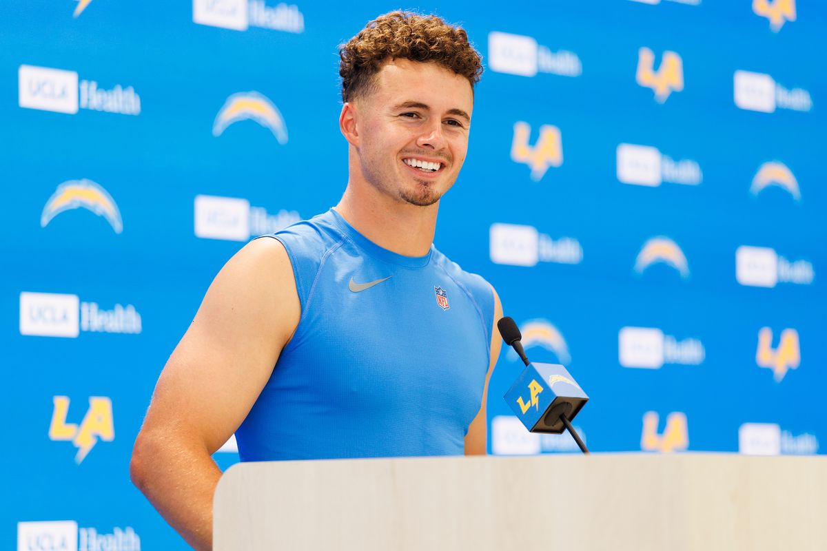Ladd McConkey #15 of the Los Angeles Chargers speaks with members of the media after mandatory minicamp at The Bolt on June 16, 2026 in El Segundo, California. 