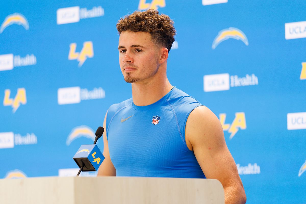Ladd McConkey #15 of the Los Angeles Chargers speaks with members of the media after mandatory minicamp at The Bolt on June 16, 2026 in El Segundo, California. 