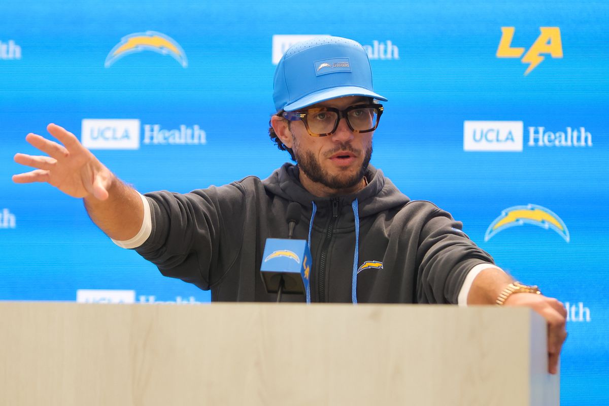 Offensive coordinator Mike McDaniels of the Los Angeles Chargers speaks with members of the media before mandatory minicamp at The Bolt on June 17, 2026 in El Segundo, California. Offensive coordinator Mike McDaniels of the Los Angeles Chargers speaks with members of the media before mandatory minicamp at The Bolt on June 17, 2026 in El Segundo, California.