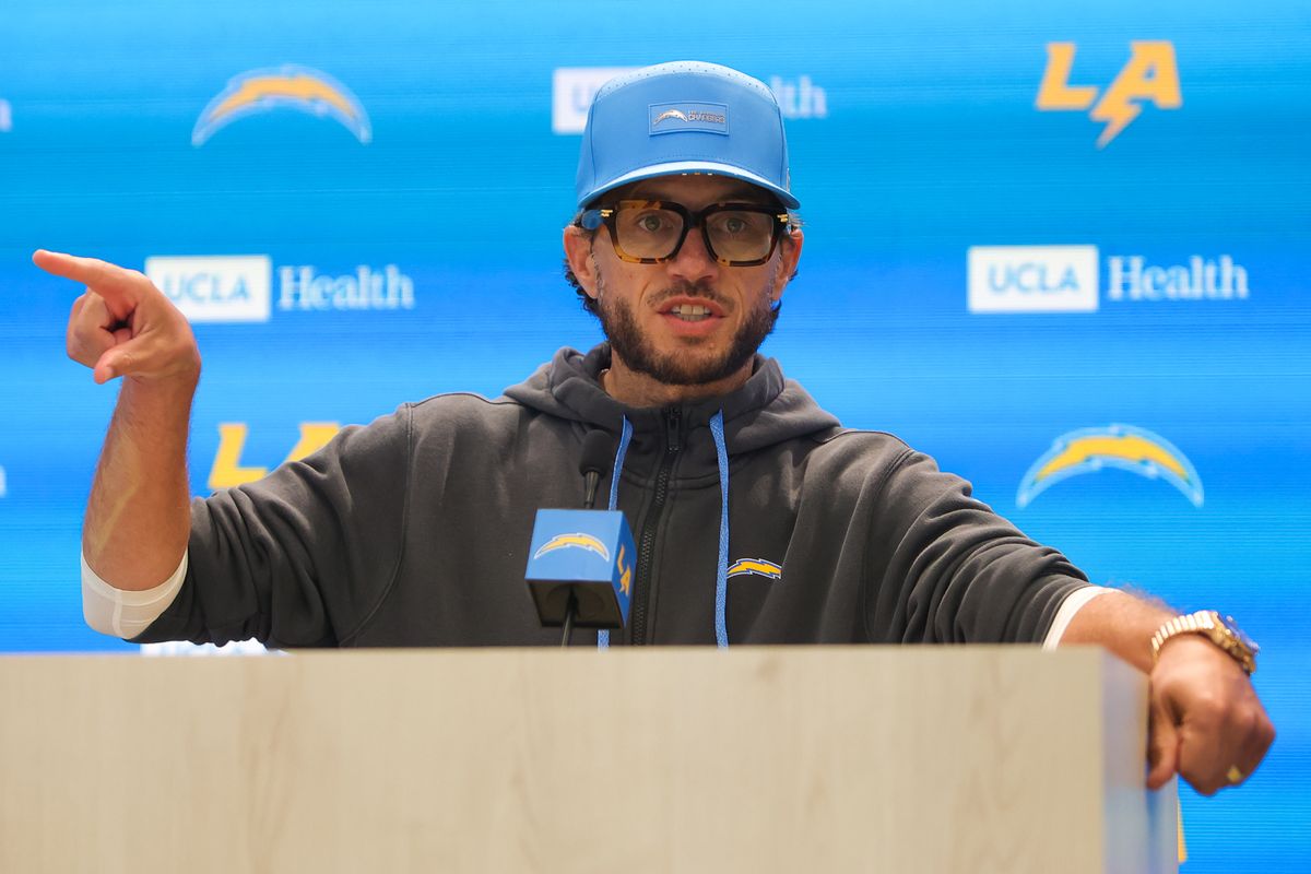 Offensive coordinator Mike McDaniels of the Los Angeles Chargers speaks with members of the media before mandatory minicamp at The Bolt on June 17, 2026 in El Segundo, California. Offensive coordinator Mike McDaniels of the Los Angeles Chargers speaks with members of the media before mandatory minicamp at The Bolt on June 17, 2026 in El Segundo, California.