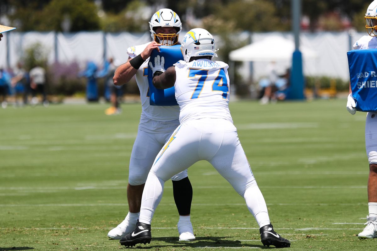 Kayode Awosika #74 of the Los Angeles Chargers participates in drills at mandatory minicamp at The Bolt on June 17, 2026 in El Segundo, California. Kayode Awosika #74 of the Los Angeles Chargers participates in drills at mandatory minicamp at The Bolt on June 17, 2026 in El Segundo, California.