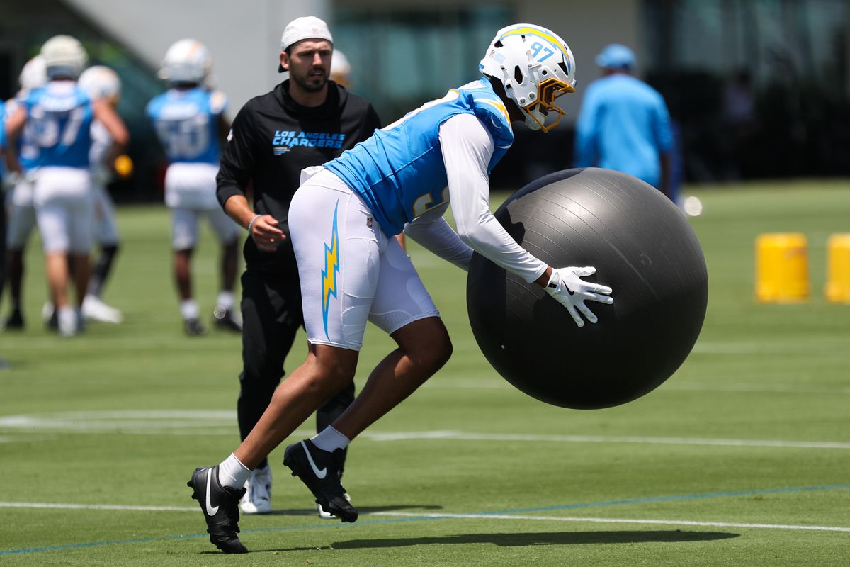 Garmon Randolph #97 of the Los Angeles Chargers participates in drills at mandatory minicamp at The Bolt on June 17, 2026 in El Segundo, California. Garmon Randolph #97 of the Los Angeles Chargers participates in drills at mandatory minicamp at The Bolt on June 17, 2026 in El Segundo, California.