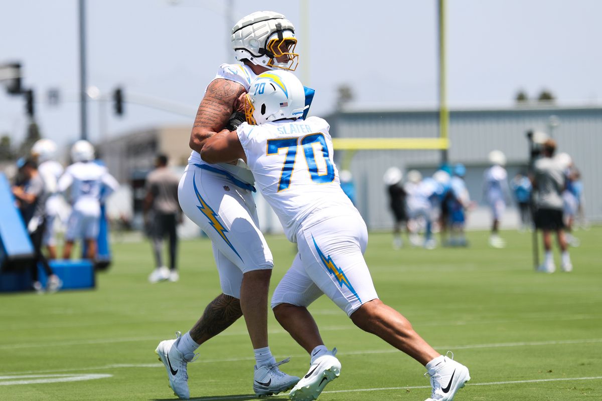 #70 Rashawn Slater of the Los Angeles Chargers participates in drills at mandatory minicamp at The Bolt on June 17, 2026 in El Segundo, California. #70 Rashawn Slater of the Los Angeles Chargers participates in drills at mandatory minicamp at The Bolt on June 17, 2026 in El Segundo, California.