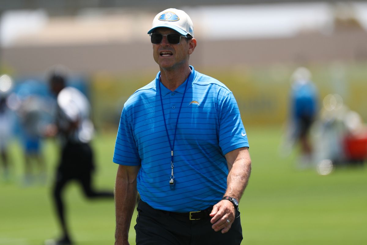 Jim Harbaugh of the Los Angeles Chargers looks on during mandatory minicamp at The Bolt on June 17, 2026 in El Segundo, California. Jim Harbaugh of the Los Angeles Chargers looks on during mandatory minicamp at The Bolt on June 17, 2026 in El Segundo, California.