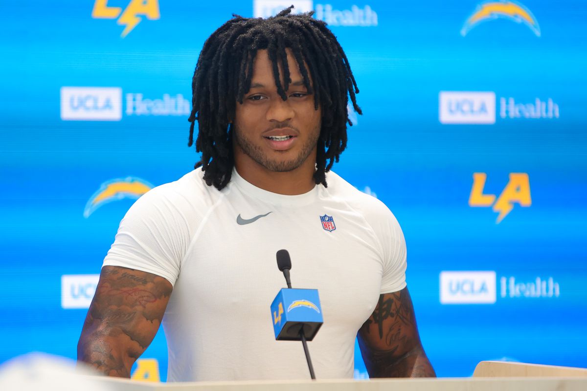 Omarion Hampton #8 of the Los Angeles Chargers speaks with members of the media before mandatory minicamp at The Bolt on June 17, 2026 in El Segundo, California. Omarion Hampton #8 of the Los Angeles Chargers speaks with members of the media before mandatory minicamp at The Bolt on June 17, 2026 in El Segundo, California.
