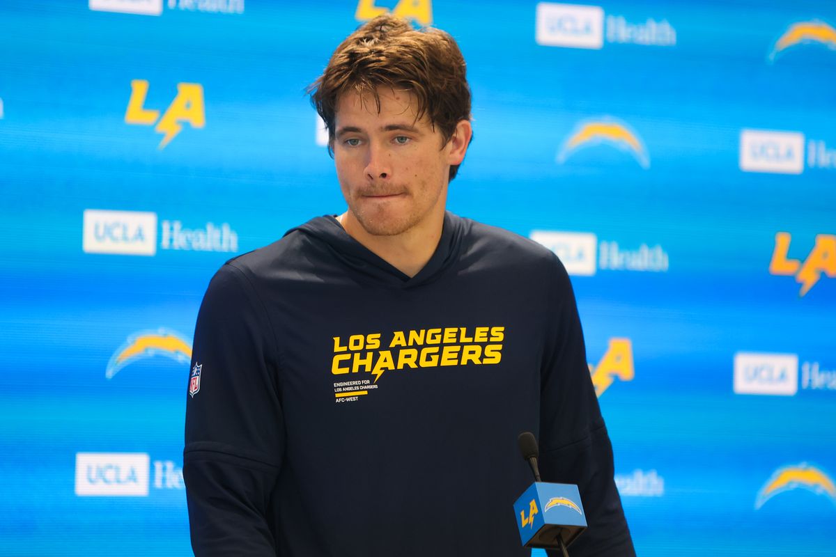 Justin Herbert #10 of the Los Angeles Chargers speaks with members of the media before mandatory minicamp at The Bolt on June 17, 2026 in El Segundo, California. Justin Herbert #10 of the Los Angeles Chargers speaks with members of the media before mandatory minicamp at The Bolt on June 17, 2026 in El Segundo, California.
