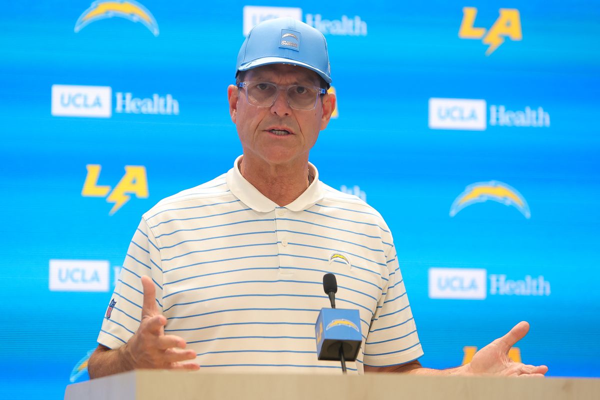 Jim Harbaugh of the Los Angeles Chargers speaks with members of the media during mandatory minicamp at The Bolt on June 18, 2026 in El Segundo, California. Jim Harbaugh of the Los Angeles Chargers speaks with members of the media during mandatory minicamp at The Bolt on June 18, 2026 in El Segundo, California.
