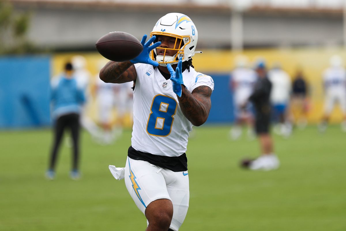 Omarion Hampton #8 of the Los Angeles Chargers participates in drills at mandatory minicamp at The Bolt on June 17, 2026 in El Segundo, California. Omarion Hampton #8 of the Los Angeles Chargers participates in drills at mandatory minicamp at The Bolt on June 17, 2026 in El Segundo, California.