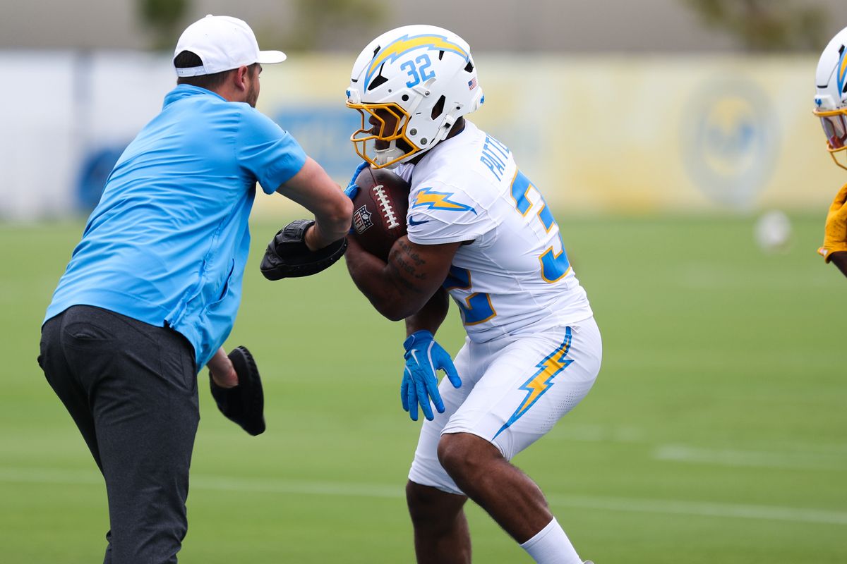 Jaret Patterson #32 of the Los Angeles Chargers speaks with members of the media before mandatory minicamp at The Bolt on June 18, 2026 in El Segundo, California. Jaret Patterson #32 of the Los Angeles Chargers speaks with members of the media before mandatory minicamp at The Bolt on June 18, 2026 in El Segundo, California.