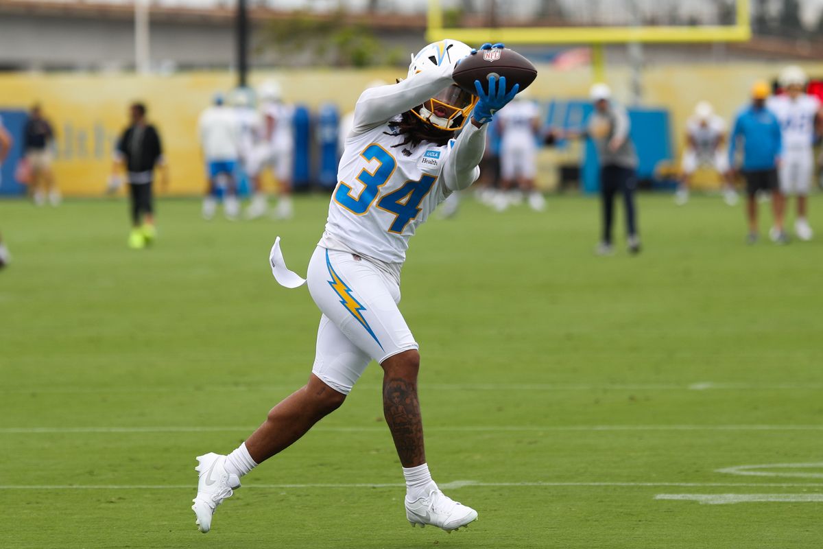 Keaton Mitchell #34 of the Los Angeles Chargers participates in drills at mandatory minicamp at The Bolt on June 18, 2026 in El Segundo, California. Keaton Mitchell #34 of the Los Angeles Chargers participates in drills at mandatory minicamp at The Bolt on June 18, 2026 in El Segundo, California.