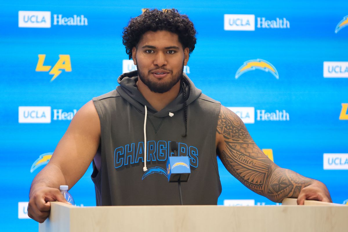 Tuli Tuipulotu #45 of the Los Angeles Chargers speaks with members of the media before mandatory minicamp at The Bolt on June 18, 2026 in El Segundo, California. Tuli Tuipulotu #45 of the Los Angeles Chargers speaks with members of the media before mandatory minicamp at The Bolt on June 18, 2026 in El Segundo, California.