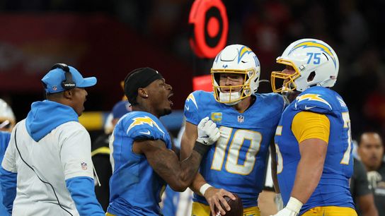 Sep 5, 2025; Sao Paulo, BRAZIL; Los Angeles Chargers quarterback Justin Herbert (10) and center Bradley Bozeman (75) celebrate after the game against the Kansas City Chiefs at Corinthians Arena. Sep 5, 2025; Sao Paulo, BRAZIL; Los Angeles Chargers quarterback Justin Herbert (10) and center Bradley Bozeman (75) celebrate after the game against the Kansas City Chiefs at Corinthians Arena.