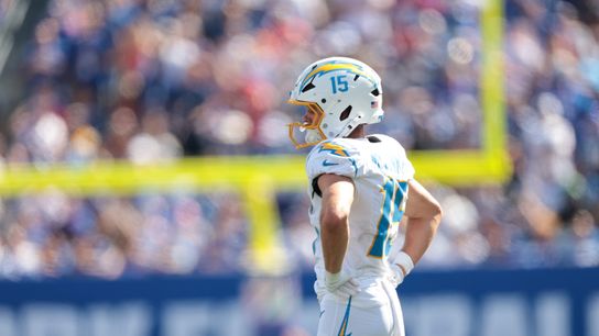 Sep 28, 2025; East Rutherford, New Jersey, USA; Los Angeles Chargers wide receiver Ladd McConkey (15) looks on during the second quarter against the New York Giants at MetLife Stadium. Sep 28, 2025; East Rutherford, New Jersey, USA; Los Angeles Chargers wide receiver Ladd McConkey (15) looks on during the second quarter against the New York Giants at MetLife Stadium.