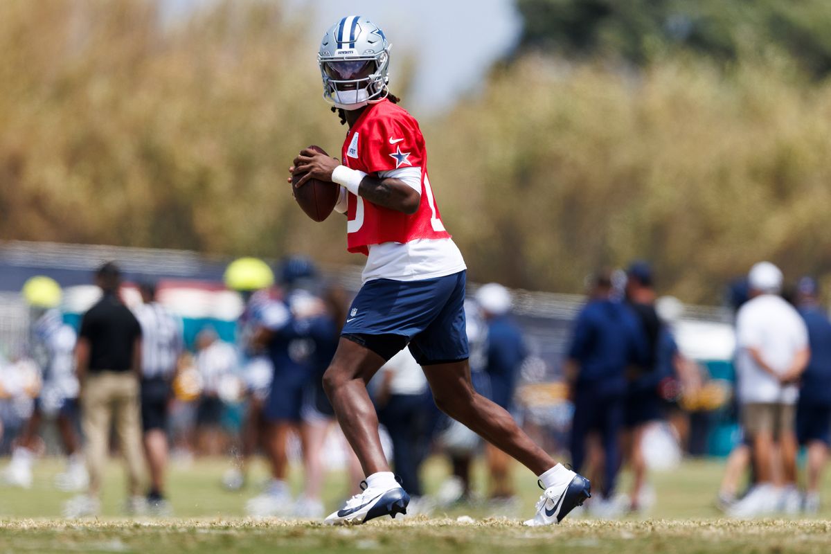 Joe Milton III #10 of the Dallas Cowboys drops back to pass during training camp practice at Staybridge Suites Oxnard on July 21, 2025 in Oxnard, California.