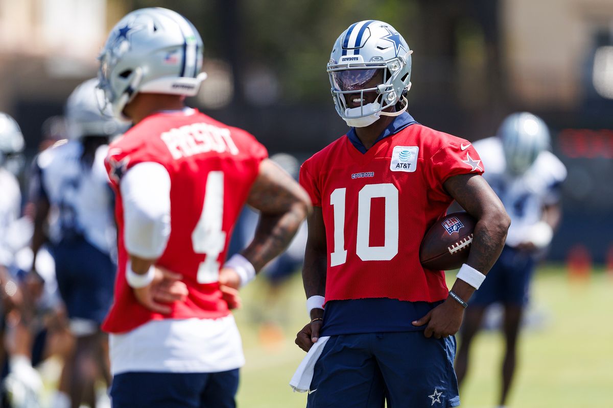 Joe Milton III #10 of the Dallas Cowboys during training camp at River Ridge Playing Fields on July 30, 2026 in Oxnard, California. 
