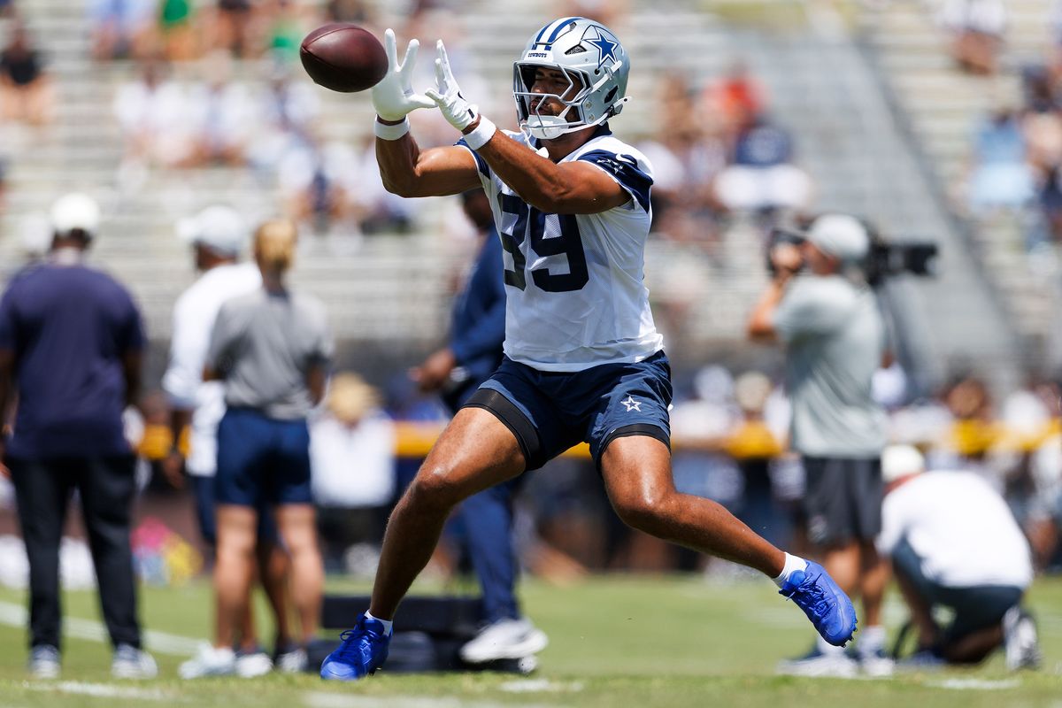Brevyn Spann-Ford #89 of the Dallas Cowboys catches the ball during training camp at River Ridge Playing Fields on July 30, 2026 in Oxnard, California.