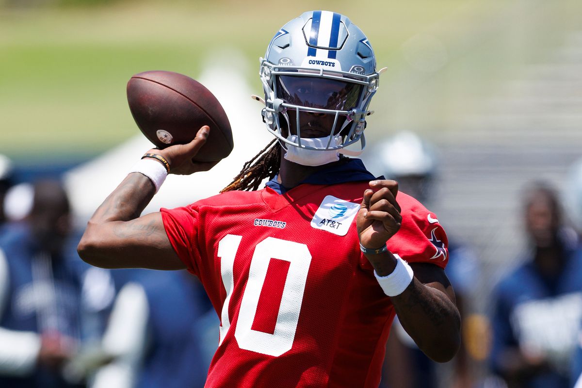 Joe Milton III #10 of the Dallas Cowboys throws during training camp at River Ridge Playing Fields on July 30, 2026 in Oxnard, California. 