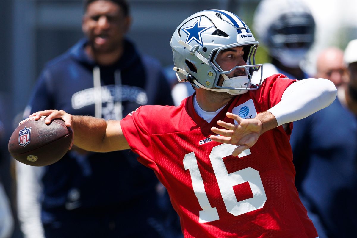 Sam Howell #16 of the Dallas Cowboys throws during training camp at River Ridge Playing Fields on July 30, 2026 in Oxnard, California. 